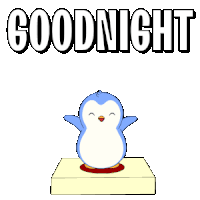 a blue penguin is jumping over a red button that says good night