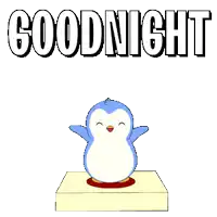 a blue penguin is jumping over a red button that says good night