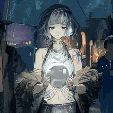 a drawing of a girl holding a glass ball