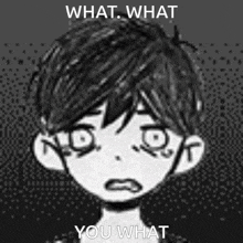 a black and white drawing of a boy with the words `` what what you what '' written on the bottom .