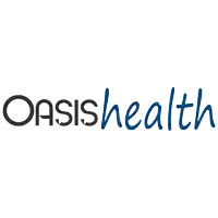 a logo for oasis health is shown in blue and black