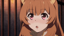 a close up of a girl with long hair and pink eyes
