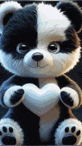 a black and white teddy bear is holding a heart in its paws