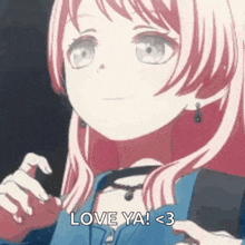 a pink haired anime girl is holding a red object and says `` love ya ! < 3 '' .