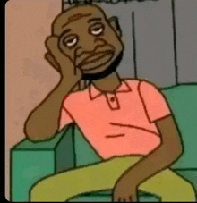 a cartoon of a man sitting on a couch with his head on his hand .