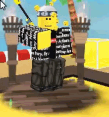 a cartoon character is standing on a wooden platform holding a sword .