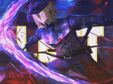 a painting of a person holding a sword with the letter l on the bottom