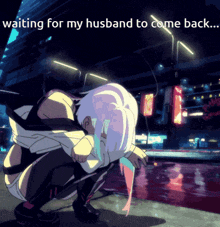 a cartoon of a woman kneeling down with the words " waiting for my husband to come back "