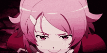 a girl with pink hair is smiling and looking at the camera while holding a knife