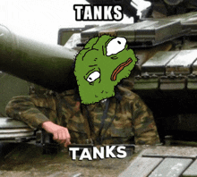 a cartoon of a soldier holding a sign that says tanks in front of a tank