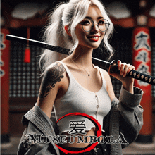 a woman holding a sword in front of a museum bola logo