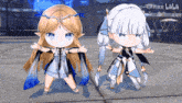 two anime characters are standing next to each other and one of them has the word bilibili written on the bottom