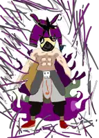 a drawing of a man with a purple helmet on his head