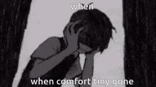 a black and white drawing of a boy covering his face .