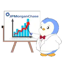 a penguin is standing next to a jpmorgan chase board
