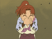 a cartoon character is covering his mouth with his hands and has the letter r on his sleeves