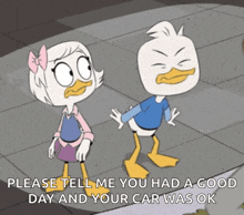 a couple of ducks standing next to each other with the words please tell me you had a good day and your car was ok on the bottom