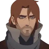 a man with red hair and a scarf around his neck looks at the camera