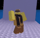 a roblox character wearing a hat and scarf is standing on a white surface .