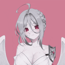 a girl with white hair and red eyes has a shield on her arm