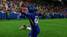 a soccer player wearing a blue jersey with the number 94 on it