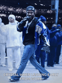 a man singing into a microphone with the words crystal when leaving early from work