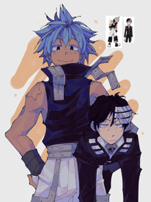 a drawing of a boy with blue hair and a boy with black hair