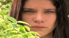 a close up of a woman 's face with green leaves behind her