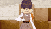 a girl with a cat 's head is standing in front of boxes