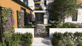 an artist 's impression of a house with purple flowers and a black gate