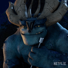 a monster with horns is holding a marshmallow and a netflix logo can be seen behind him