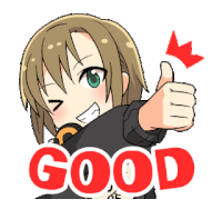 a cartoon girl is giving a thumbs up with the word good below her