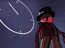 a drawing of a man in a top hat standing in front of a clock that says 11:55