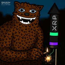 a cartoon drawing of a bear holding a firework with the word xrp on it