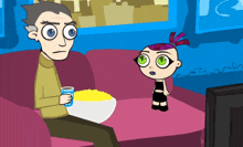 a cartoon shows a man and a girl sitting on a couch eating popcorn