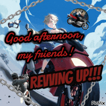 a picture of a girl on a motorcycle that says good afternoon my friends