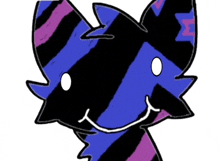 a drawing of a blue and purple striped cat with a smiling face .