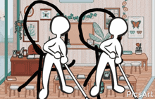 a drawing of two stick figures in a classroom with the word picsart in the corner