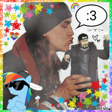 a picture of a man kissing another man with a speech bubble with the number 3 on it