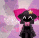 a black cat with pink wings and the name sarah on the bottom right