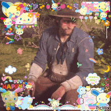 a picture of a man in a hat is surrounded by colorful stickers including one that says happy day