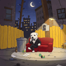 a dog in a tuxedo sits on a red couch talking on a cell phone