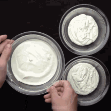 three bowls of whipped cream with mrcakes written on the bottom right corner
