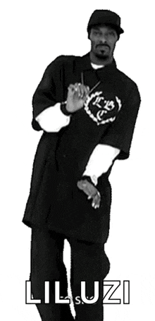 a black and white photo of snoop dogg dancing with the words lil uzi written below him