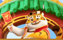 a cartoon tiger wearing sunglasses stands in front of a green archway