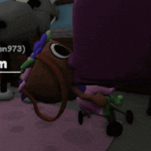 a screenshot of a video game shows a purple chair and a stuffed animal