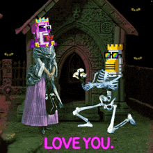 a cartoon of a skeleton kneeling down in front of a woman with the words love you above it