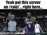 a basketball player in a purple lakers jersey stands next to a referee