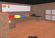 a computer generated image of a room with a brick wall and a white board