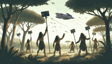 a painting of a group of people holding signs with a credit card on it